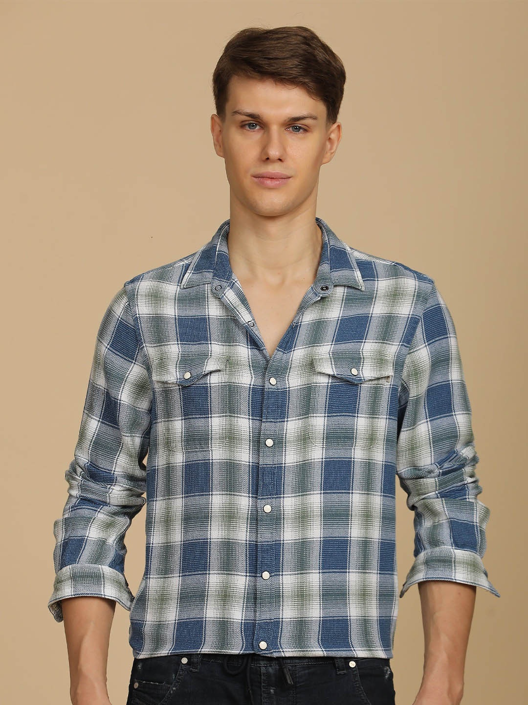 

POE Men Slim Fit Tartan Checks Opaque Checked Casual Shirt, Green