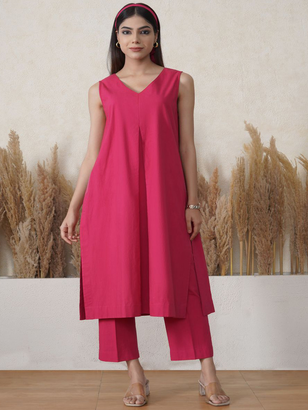 

House of Nitya A Line V-Neck Pure Cotton Kurta With Palazzos, Pink