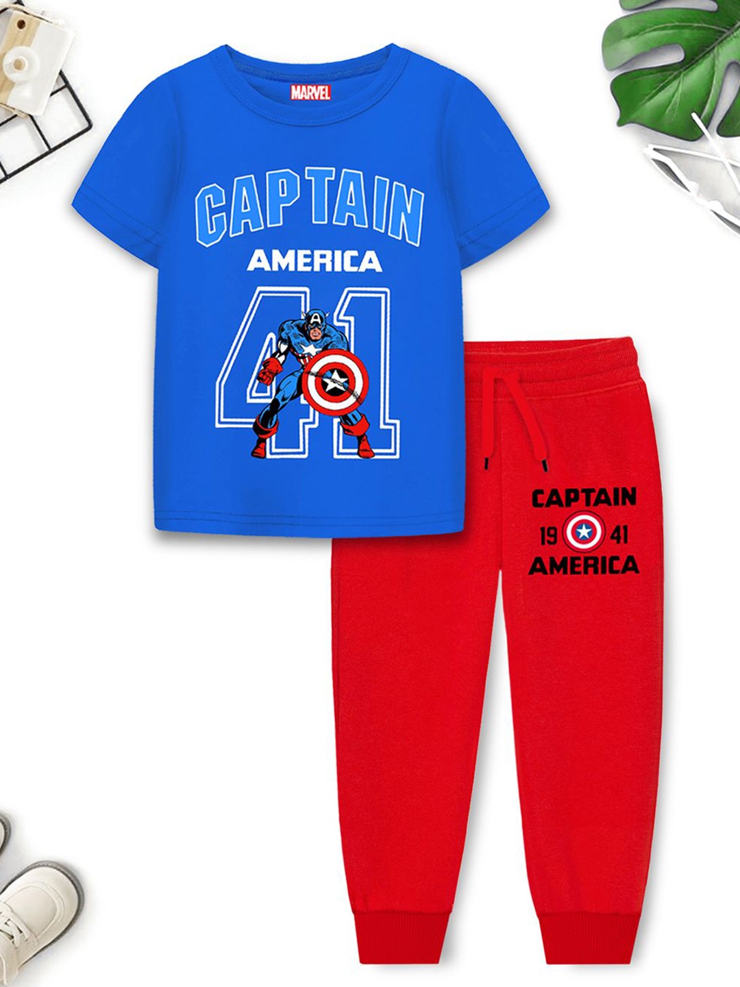 

YK Marvel Boys Captain America Printed Short Sleeves T-shirt & Joggers, Blue