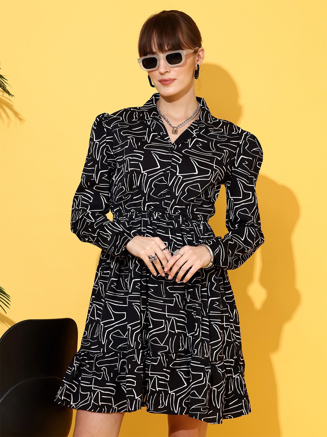 

De La Moda Print Crepe Shirt Dress, Black