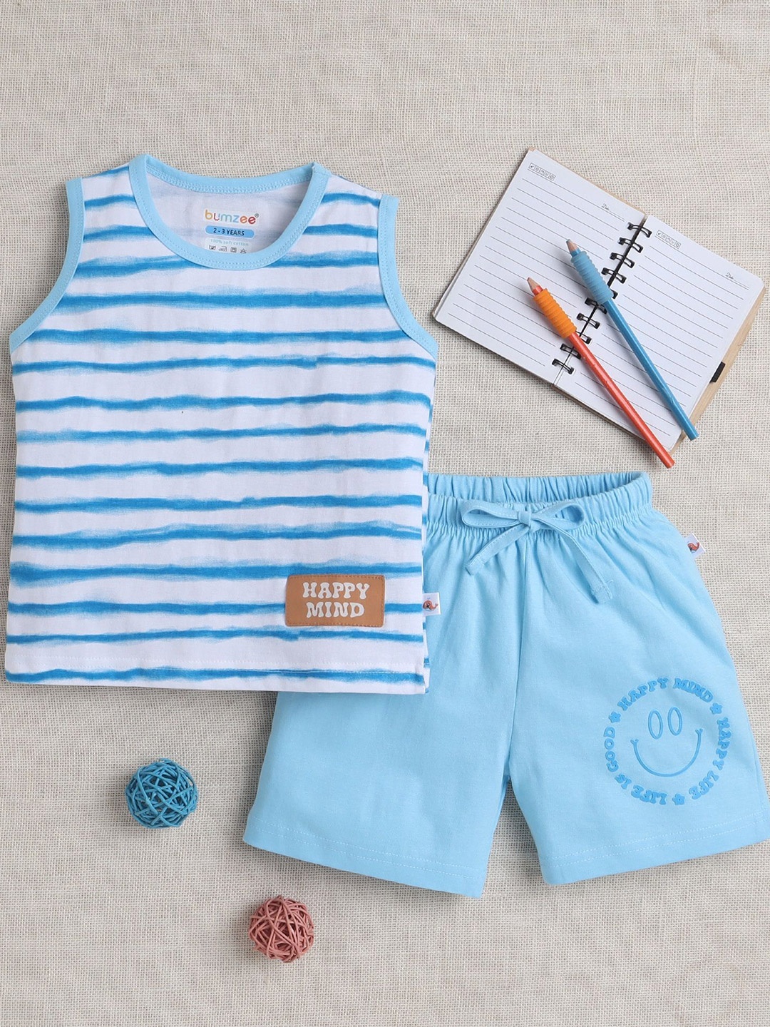 

BUMZEE Boys Striped Round Neck Pure Cotton T-Shirt With Shorts, Blue