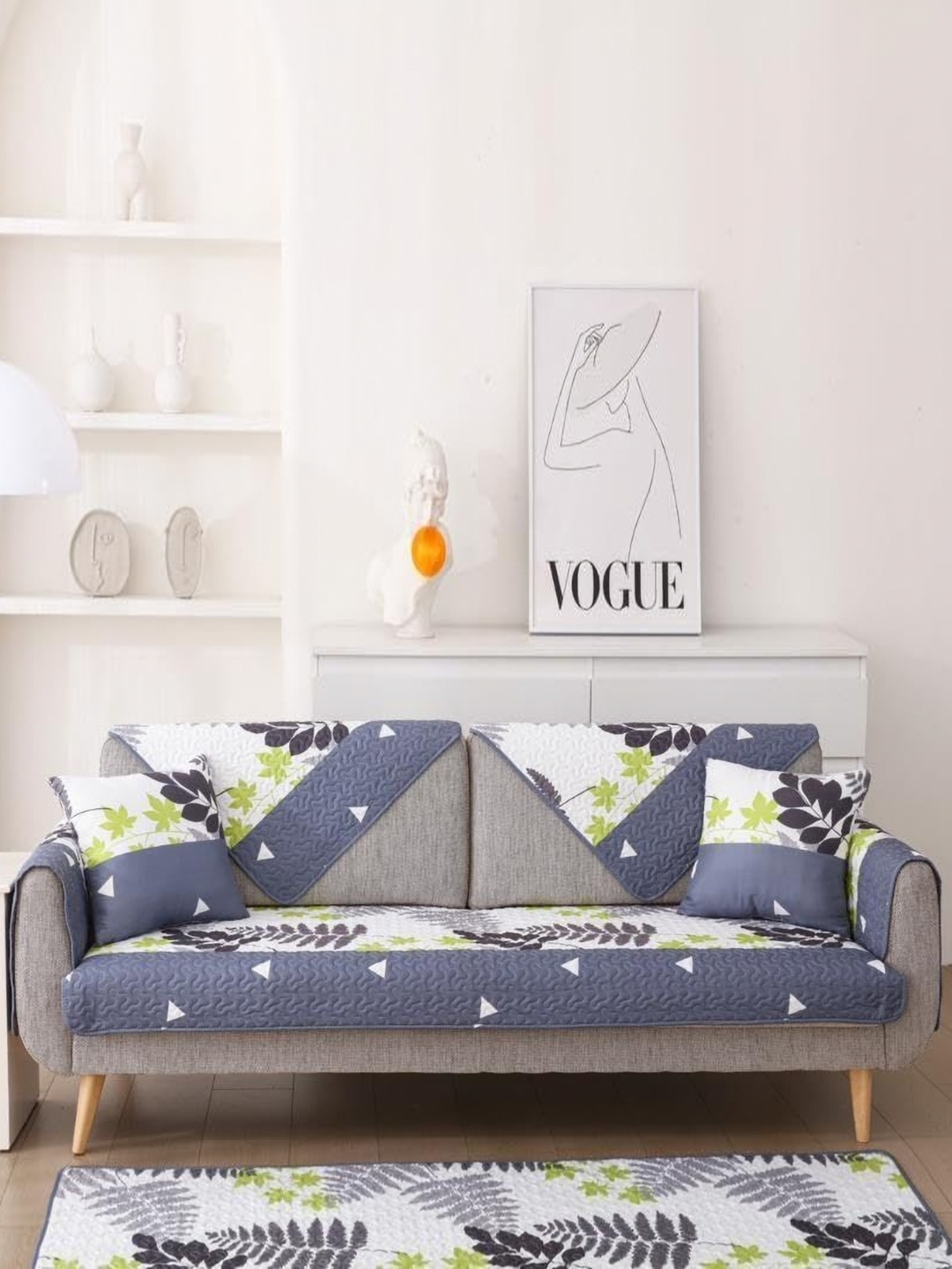 

HomeCloud White & Green 2 Pcs Printed Cotton 1 Seater Premium Anti Slip Sofa Cover