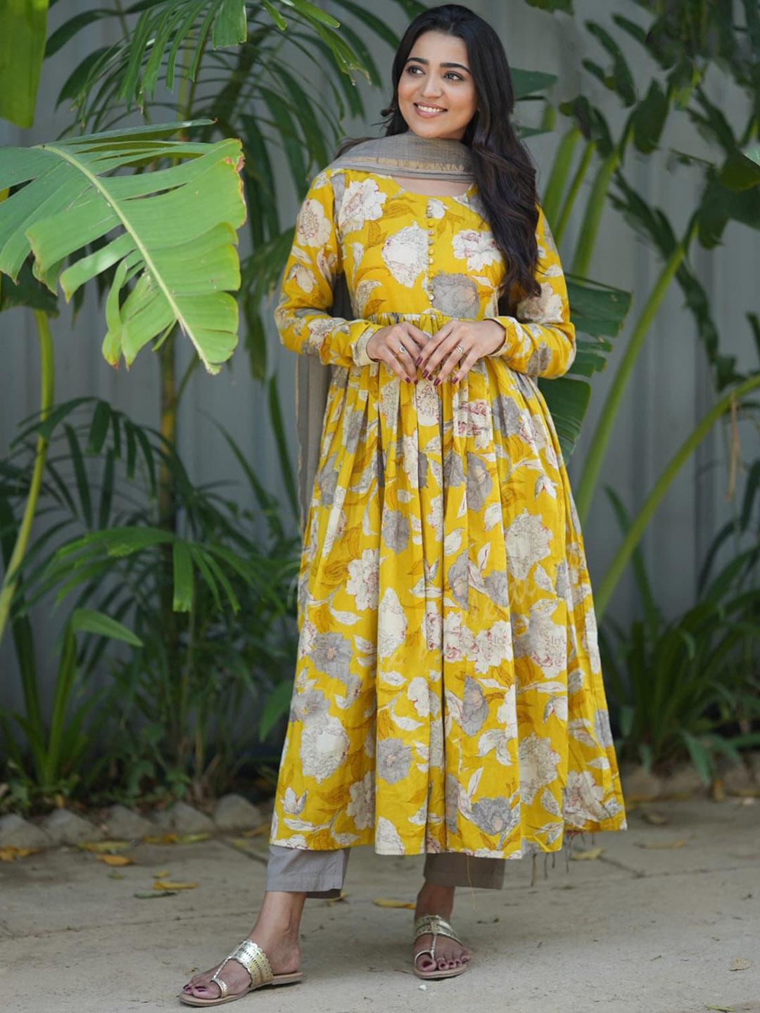 

KALINI Floral Printed Anarkali Kurta with Trousers & Dupatta, Yellow