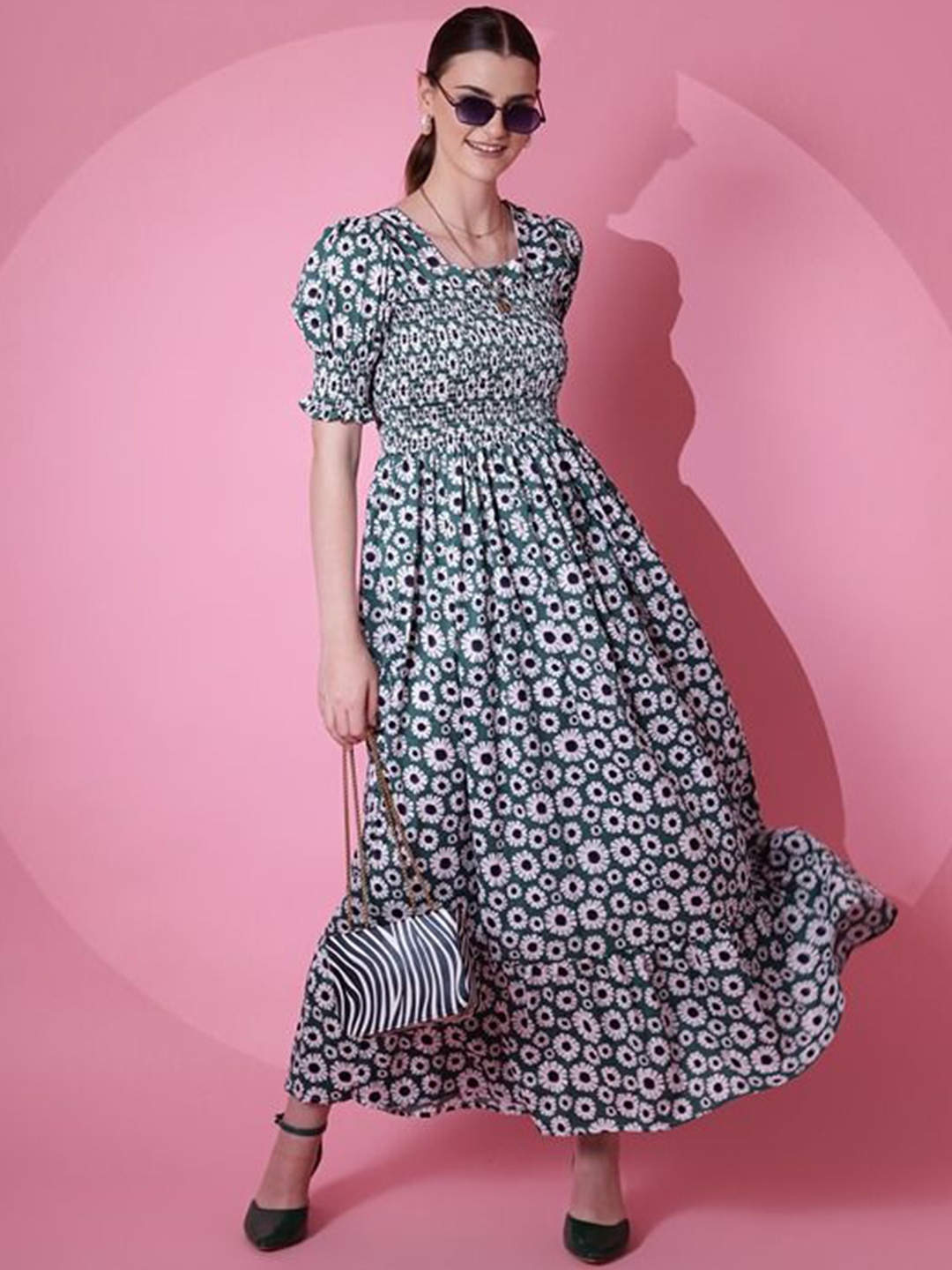 

De La Moda Floral Print Puff Sleeve Georgette Fit & Flare Maxi Dress, Green