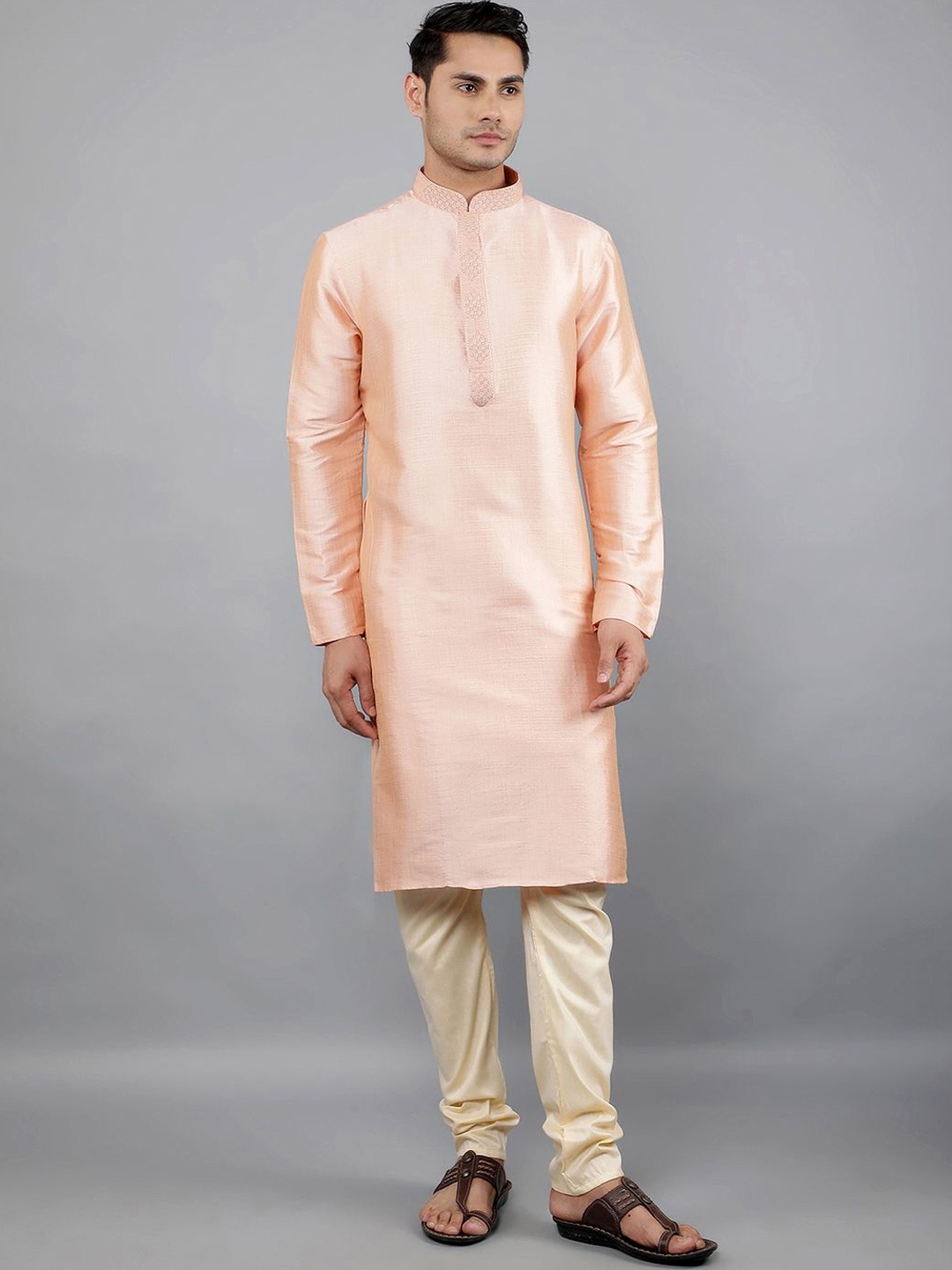 

Manish Creations Floral Yoke Design Band Collar Jacquard Kurta with Churidar, Pink