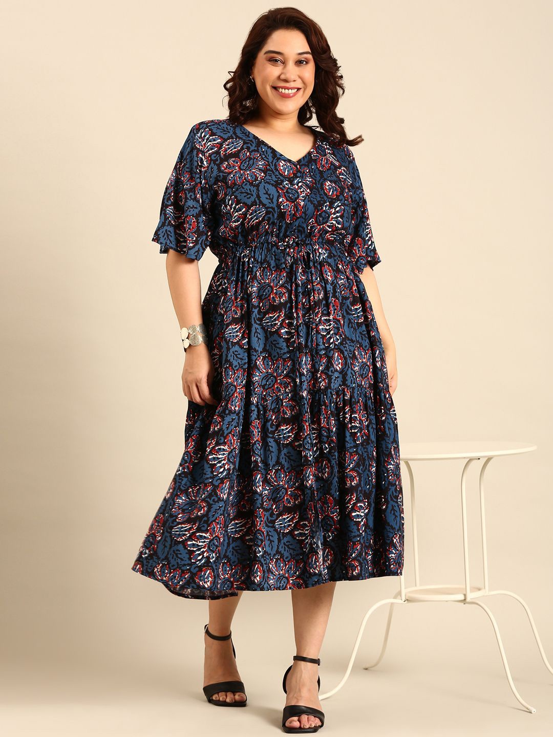 

The Pink Moon Indigo Printed Flared Sleeves Tie-Ups Detail Fit & Flare Midi Dress, Blue