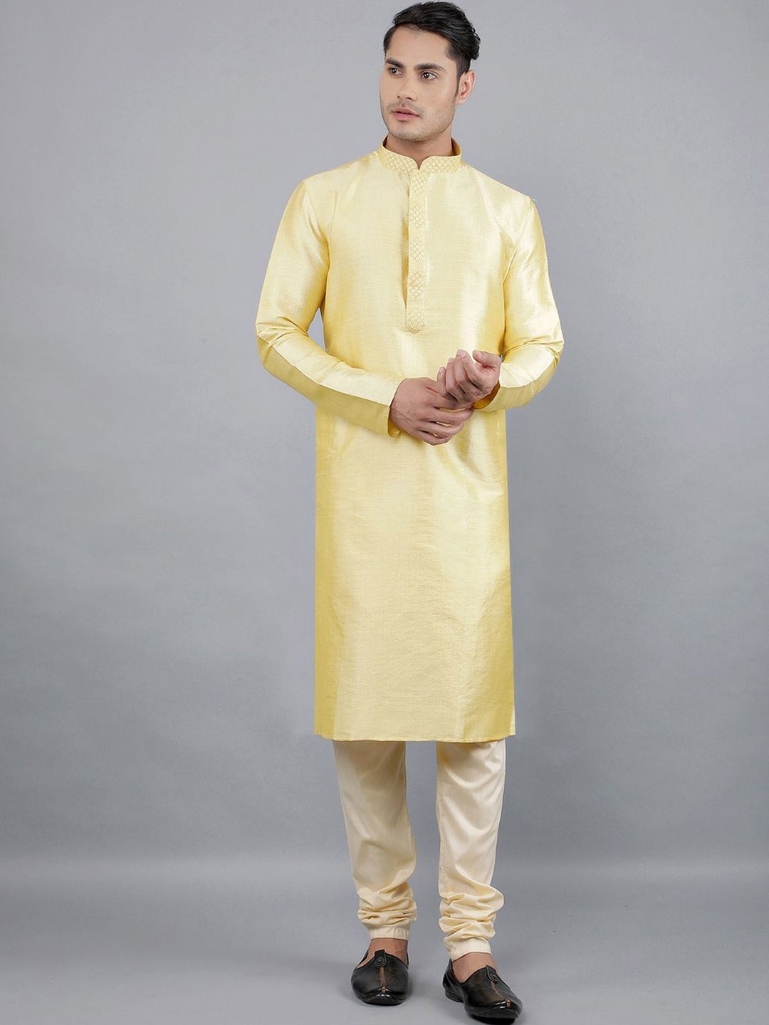 

Manish Creations Solid Woven Design Band Collar Kurta with Churidar, Yellow