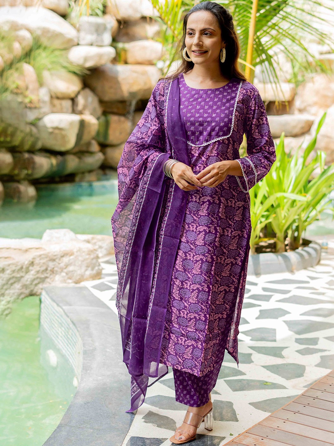 

MIRCHI FASHION Floral Printed Sequinned Pure Cotton Kurta With Trousers & Dupatta, Purple