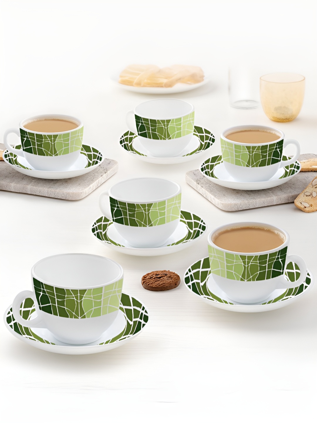 

Larah by BOROSIL 12 Pieces White & Green Textured Opalware Glossy Tea Set - 120 ml Each