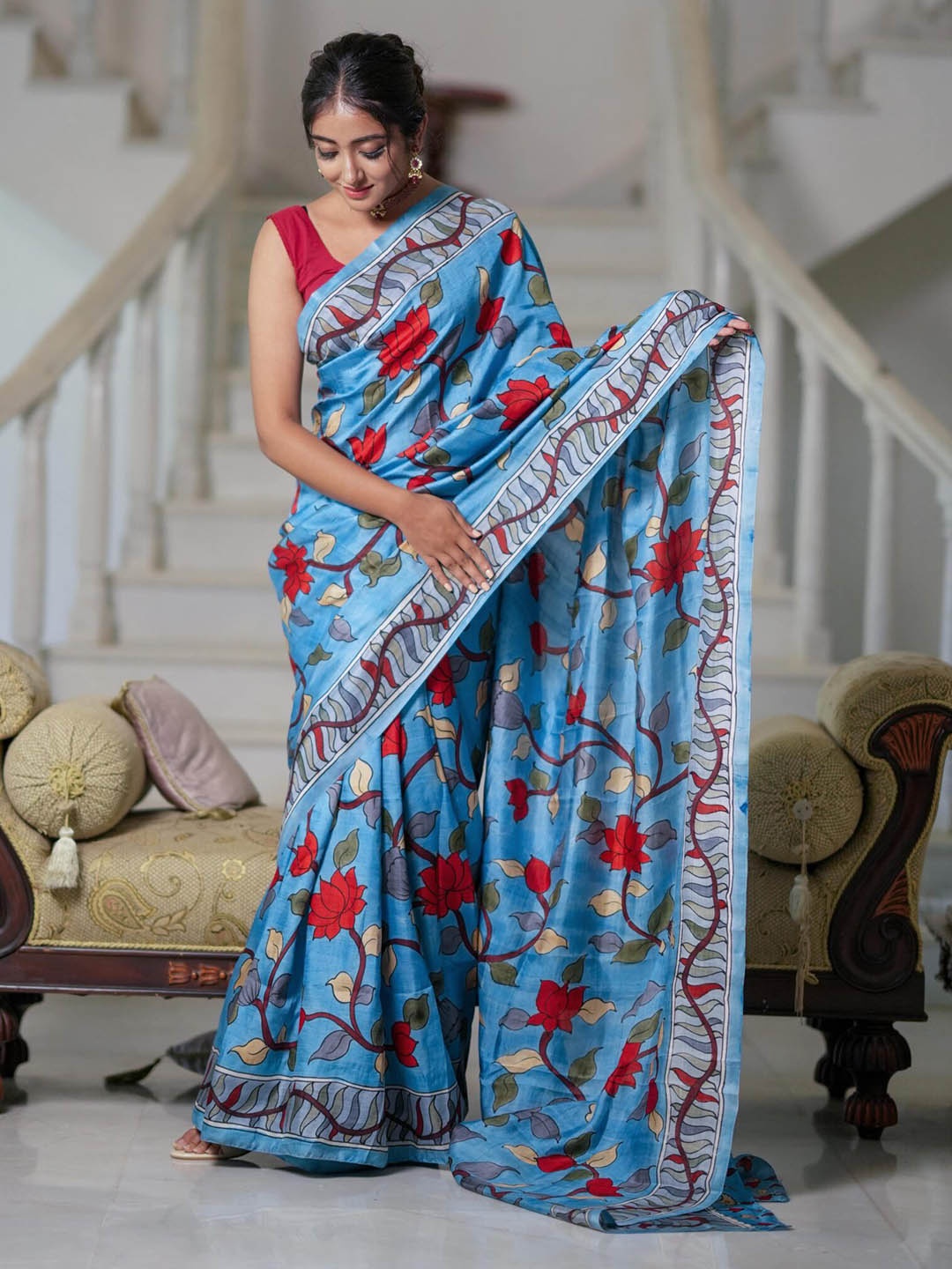 

Iris Floral Printed Pure Cotton Saree, Blue