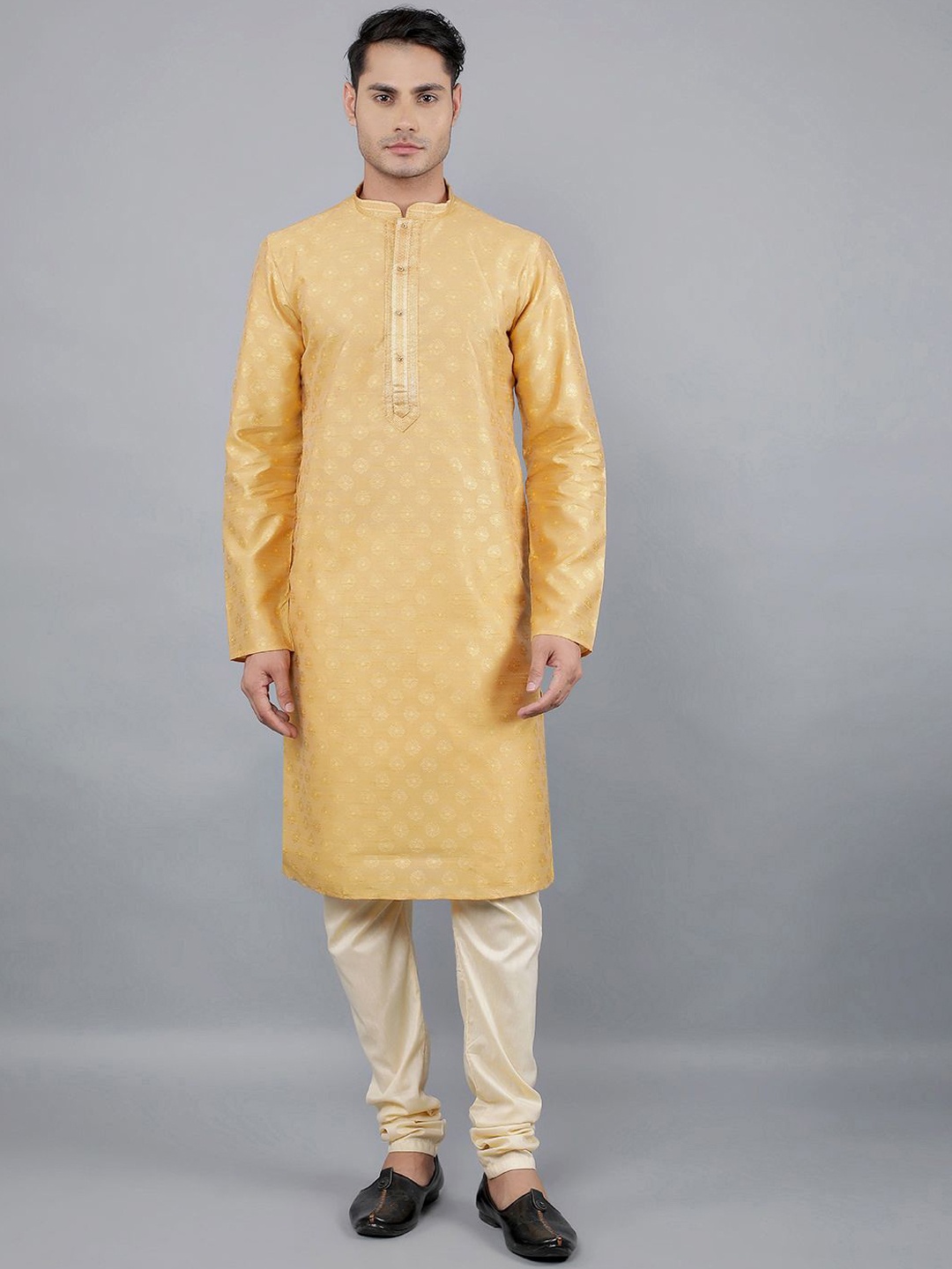 

Manish Creations Floral Yoke Design Mandarin Collar Jacquard Kurta With Churidar, Beige