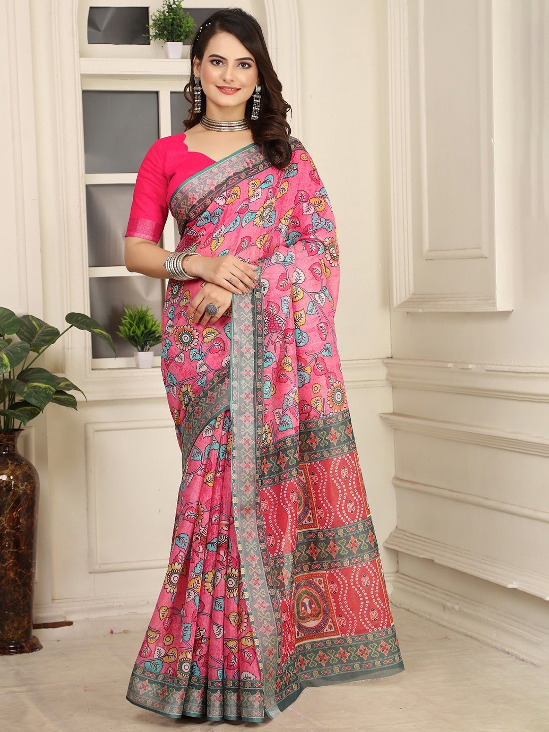 

Iris Ethnic Motifs Printed Pure Cotton Saree, Pink