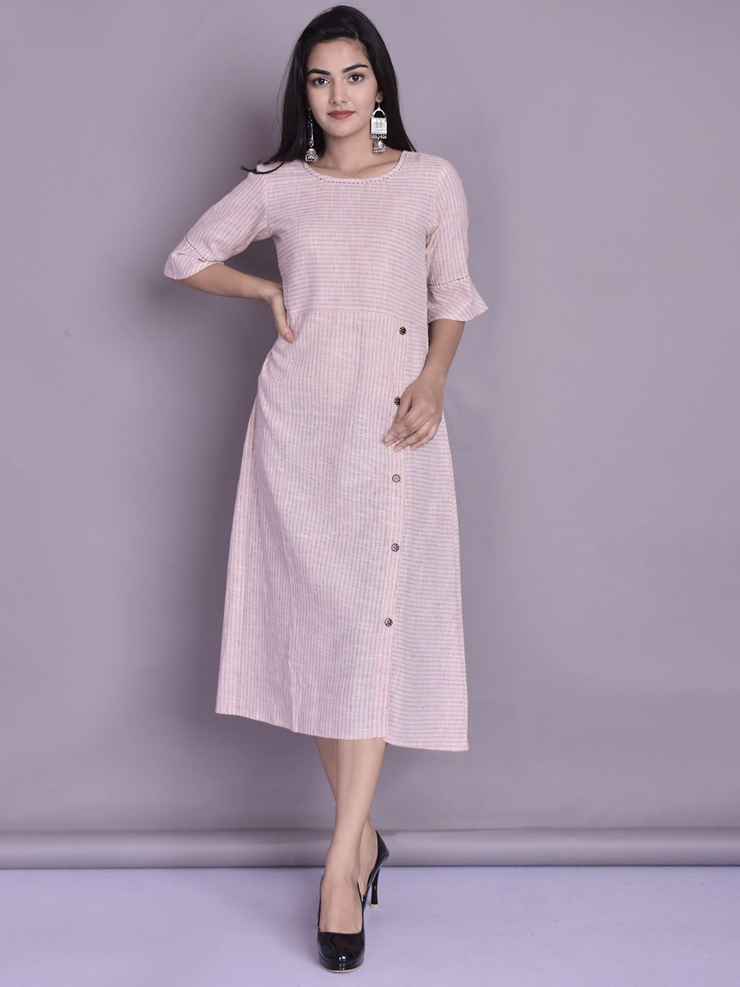 

Anootha Striped Round Neck Cotton Fit And Flare Dress, Peach