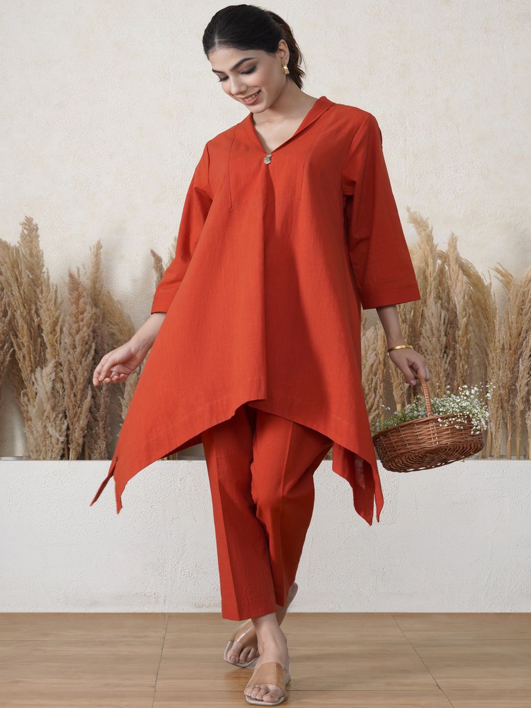 

House of Nitya V Neck A Line Pure Cotton Kurta With Trousers, Orange