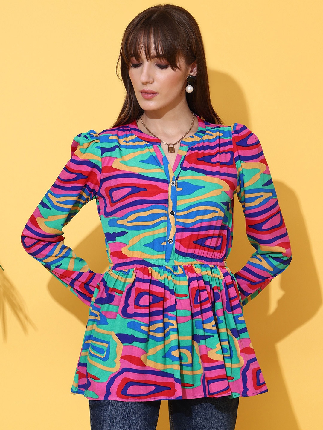 

De La Moda Print Mandarin Collar Crepe Top, Multi
