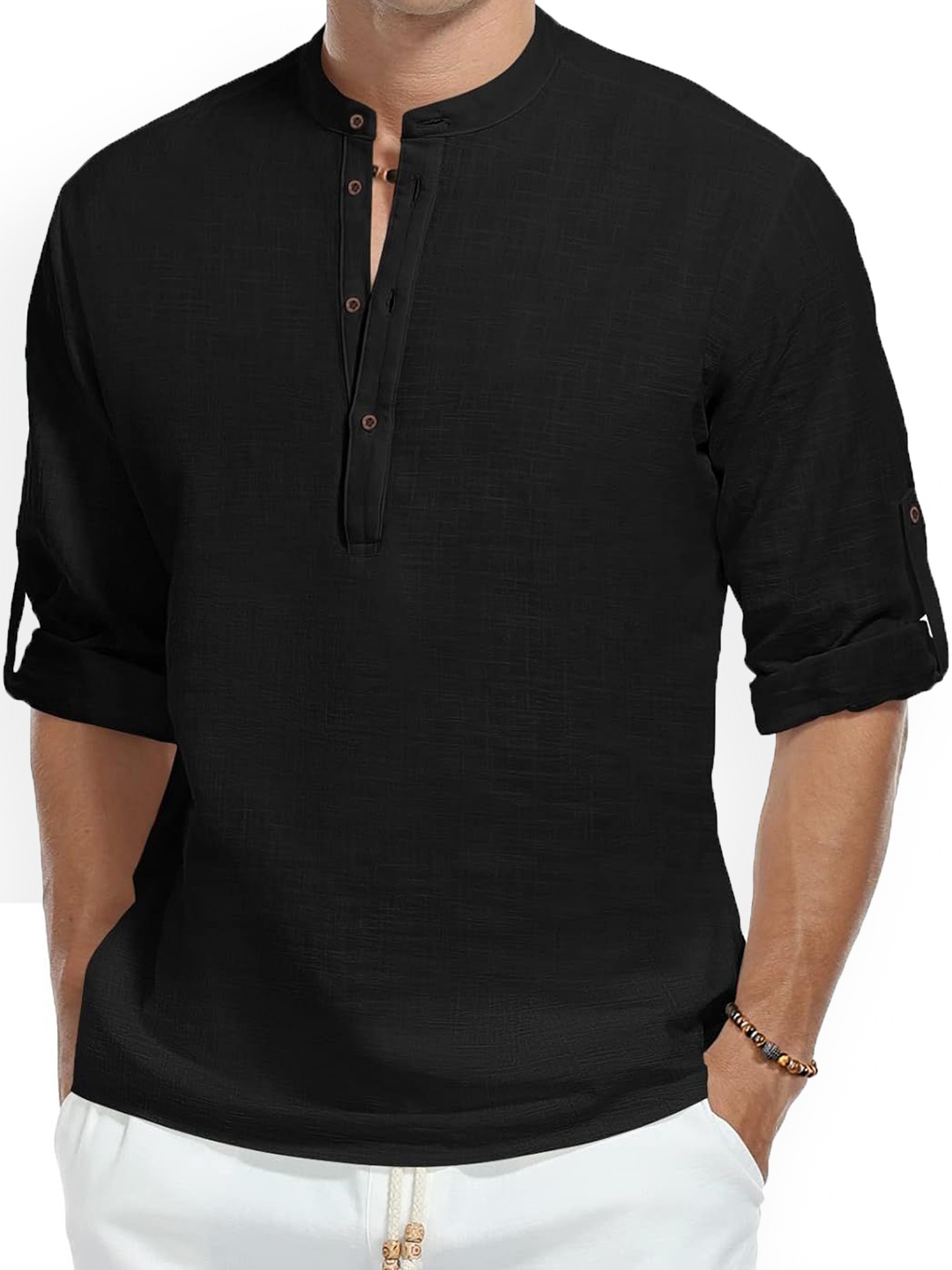 

Fifth U Band Collar Roll-Up Sleeves Straight Short Kurta, Black