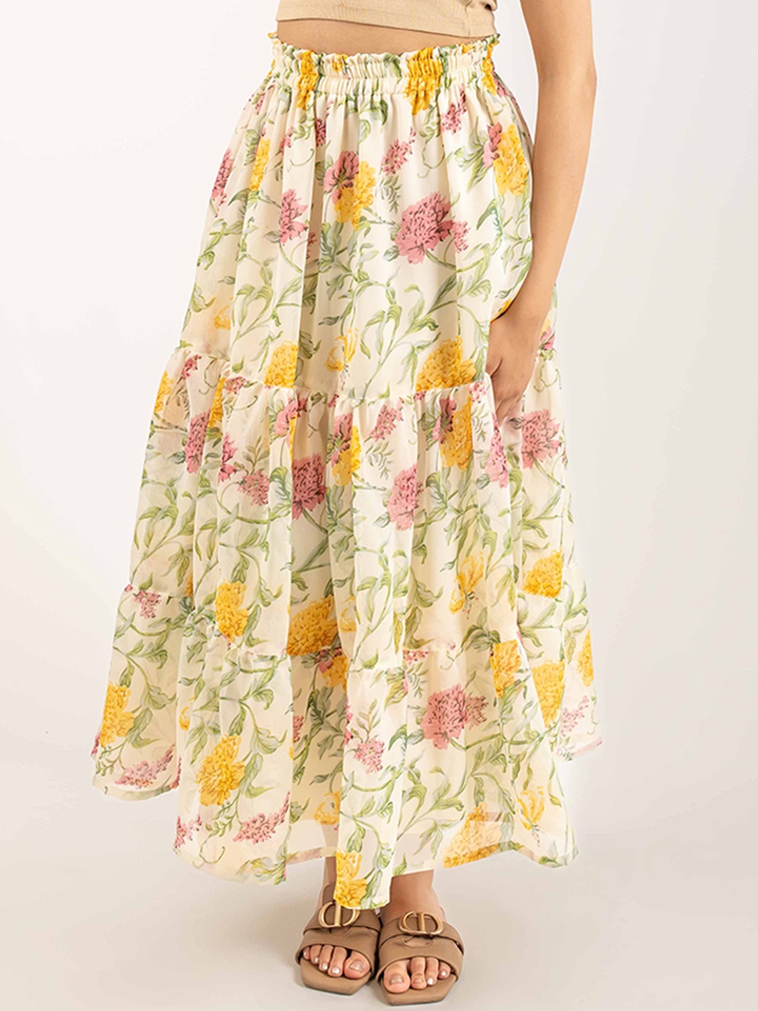 

MONOMEE Floral Printed Tiered Gathered Maxi Skirt, Beige