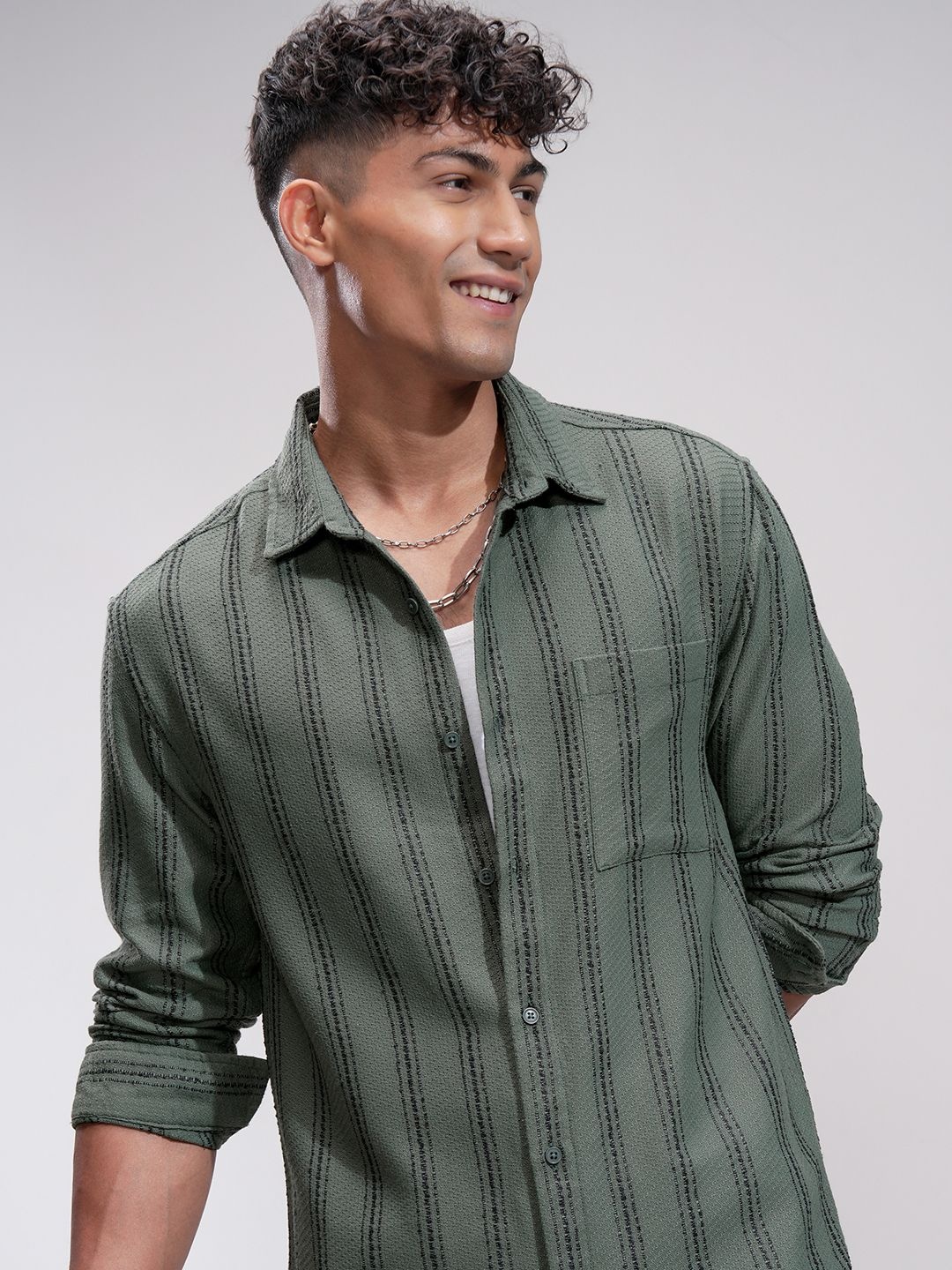 

HIGHLANDER Men Comfort Opaque Striped Casual Shirt, Green