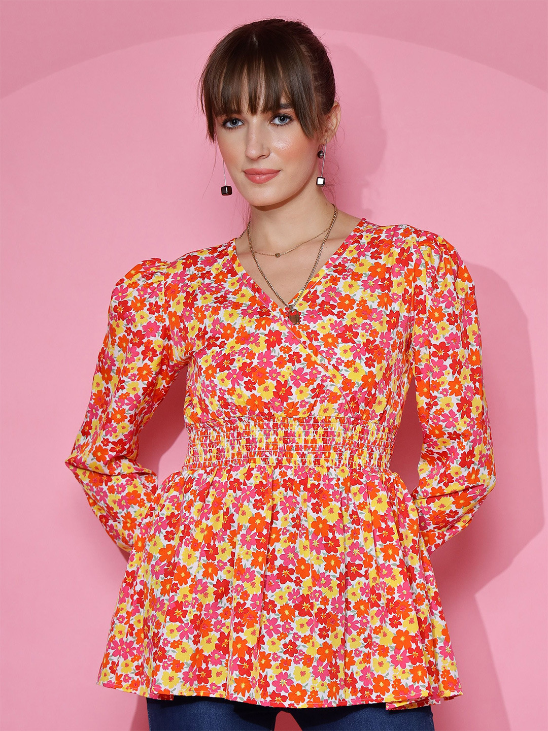 

De La Moda Floral Print Crepe Top, Orange
