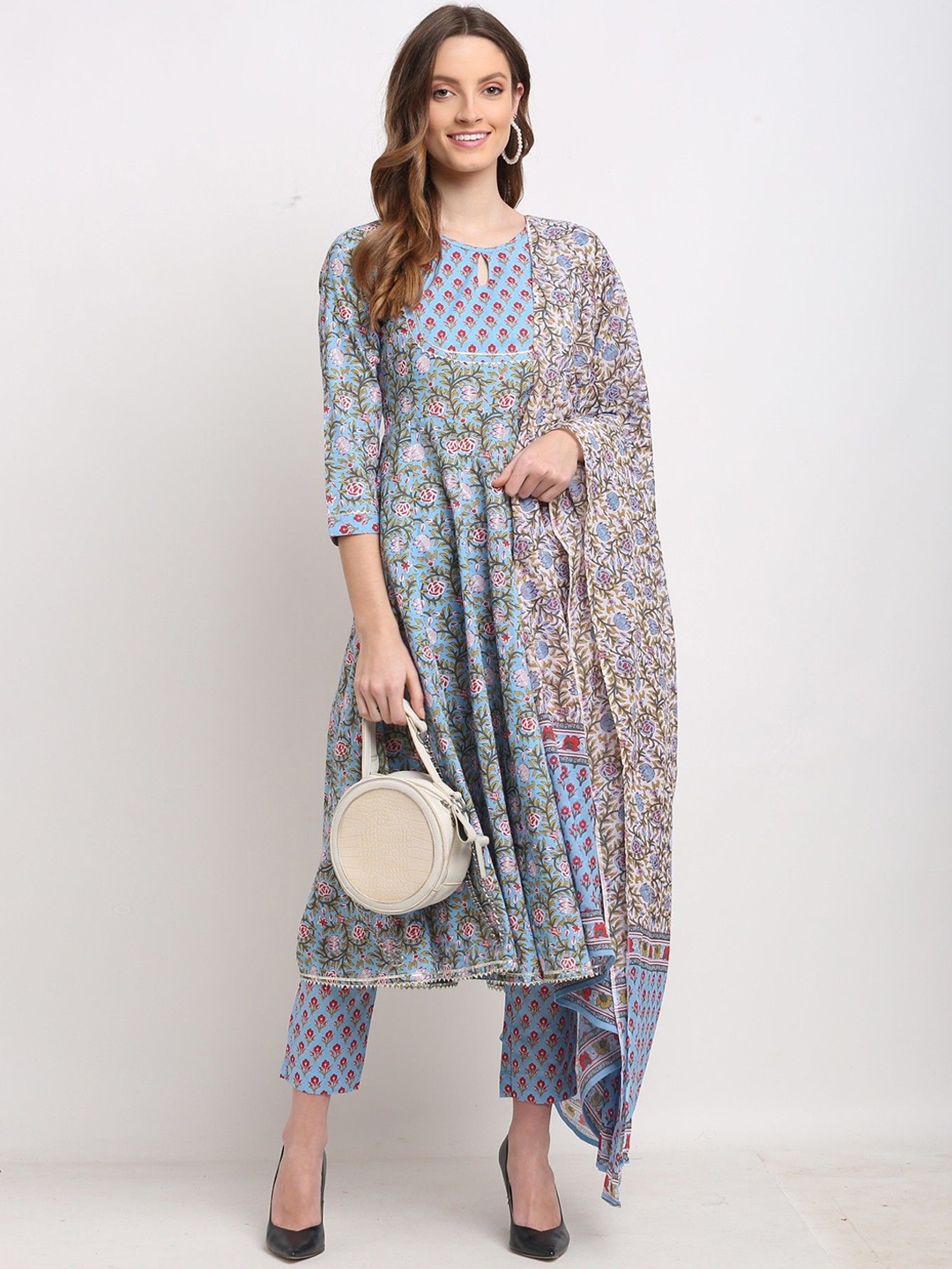 

Moda Rapido Floral Printed Gotta Patti Panelled A-Line Kurta with Trousers & Dupatta, Turquoise blue
