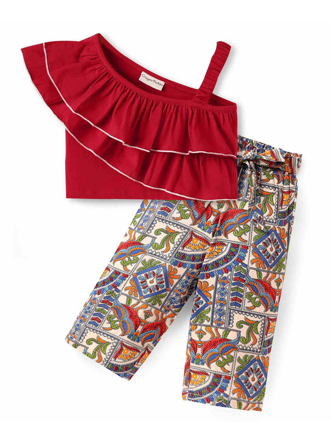 

CrayonFlakes Girls Frilled Sleeveless One Shoulder Pure Cotton Top With Palazzo, Red