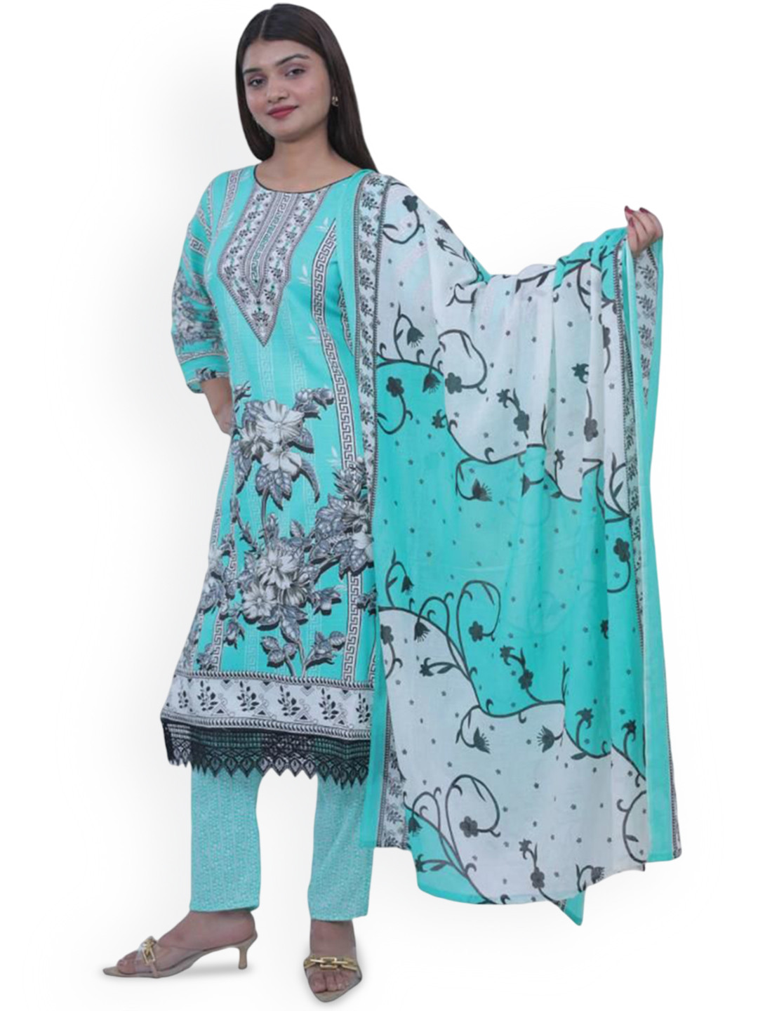 

Wavy Collection Floral Printed Pure Cotton Straight Kurta with Trouser & Dupatta, Turquoise blue