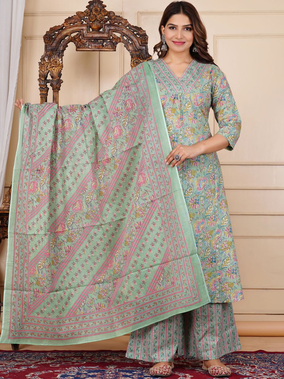 

k d fab Floral Printed V-Neck Pure Cotton A-Line Kurta With Palazzos & Dupatta, Green