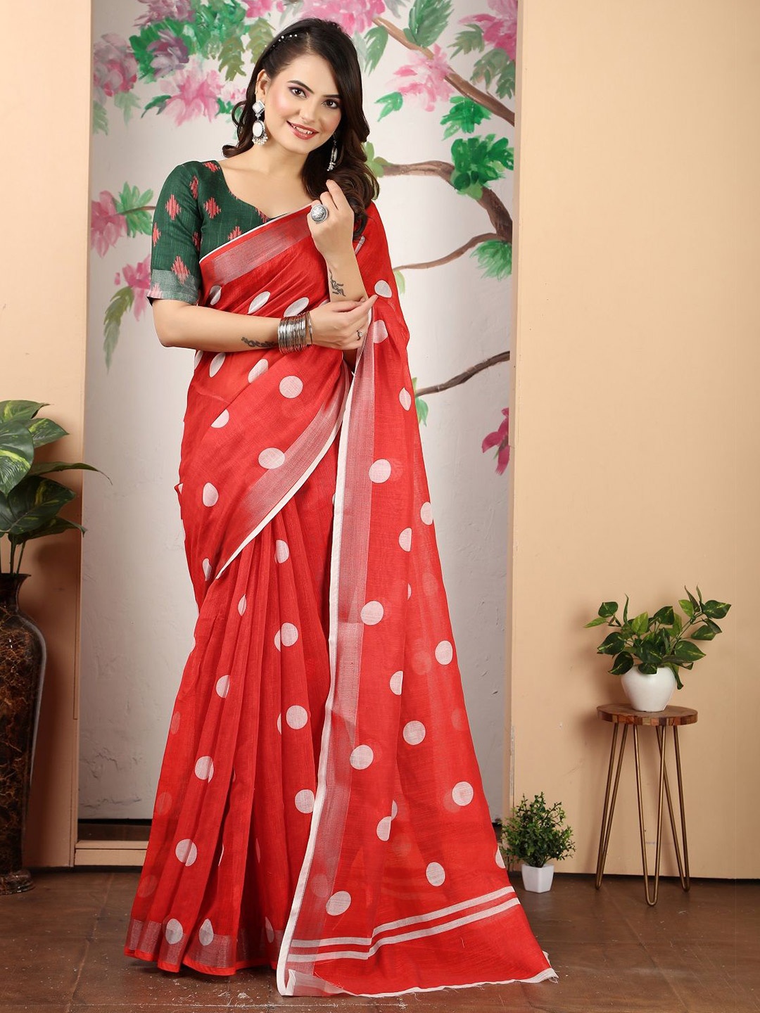 

Iris Printed Pure Cotton Saree, Red