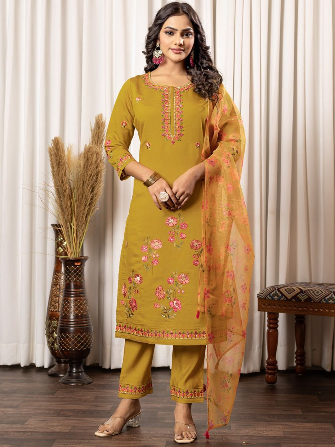

DRESOUL Floral Embroidered Roman Silk Straight Kurta With Trousers And Dupatta, Yellow