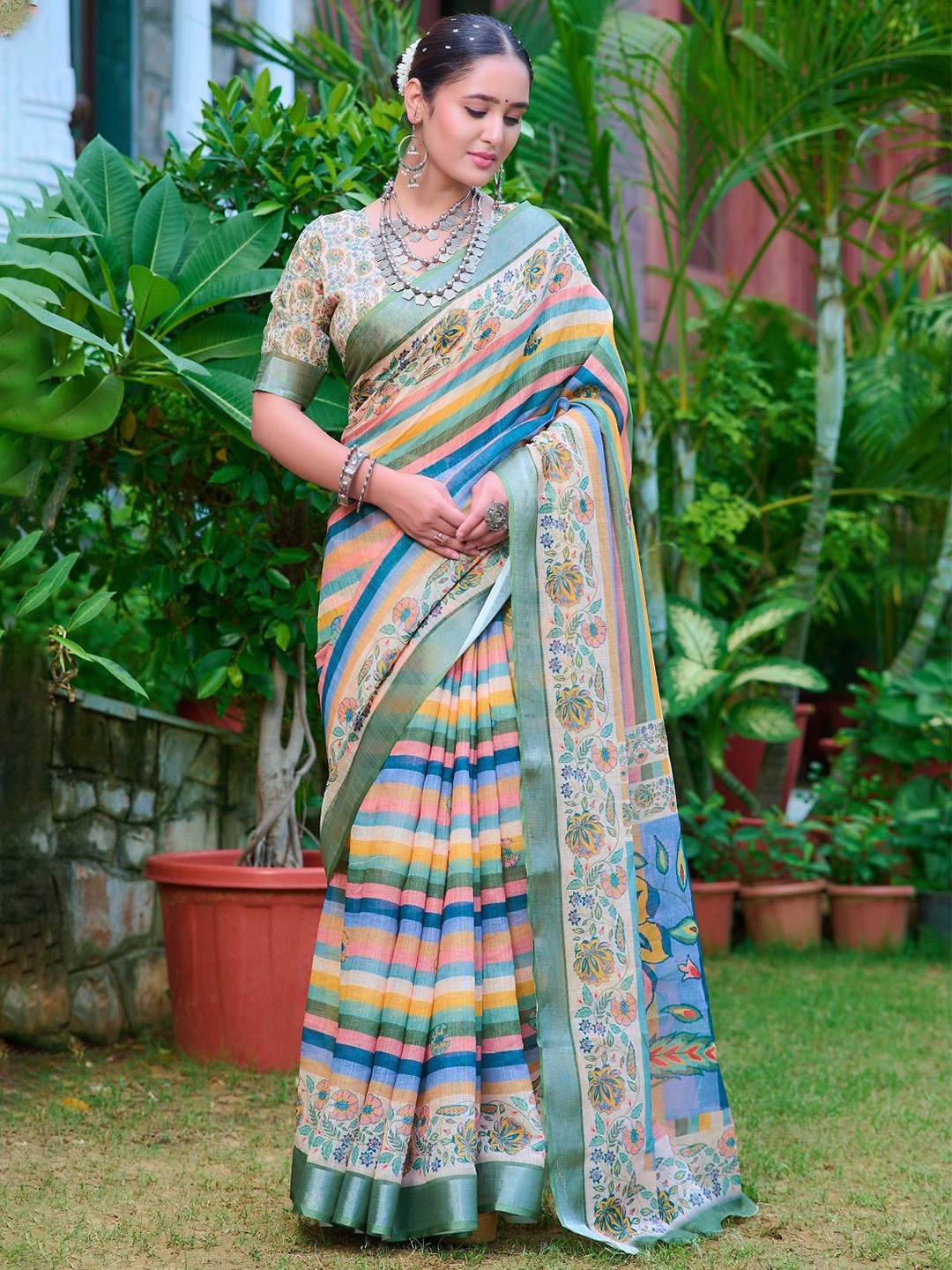 

Iris Floral Printed Zari Pure Cotton Saree, Blue