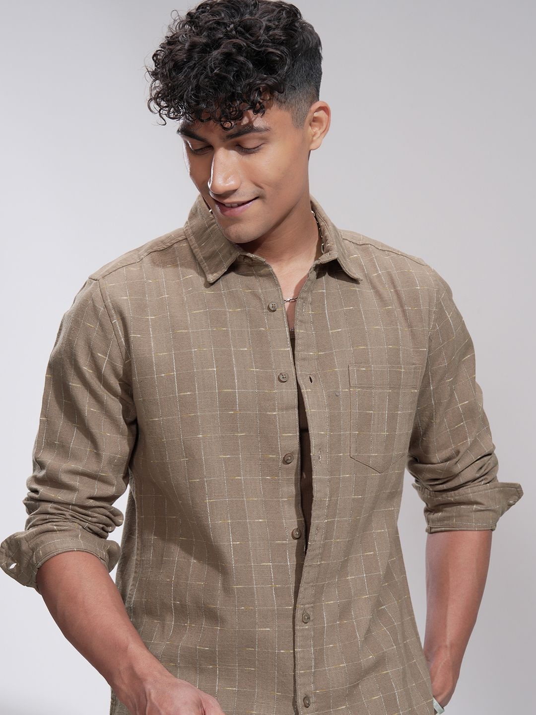 

HIGHLANDER Men Comfort Slim Fit Opaque Casual Shirt, Khaki