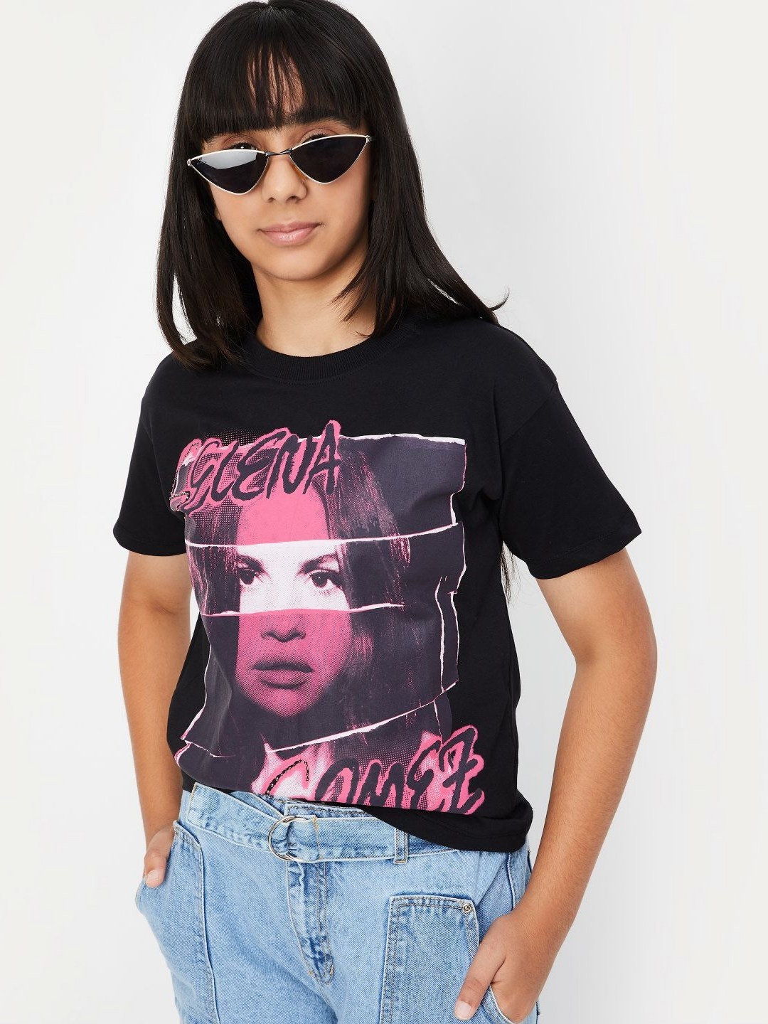 

max Girls Printed Raw Edge T-shirt, Black