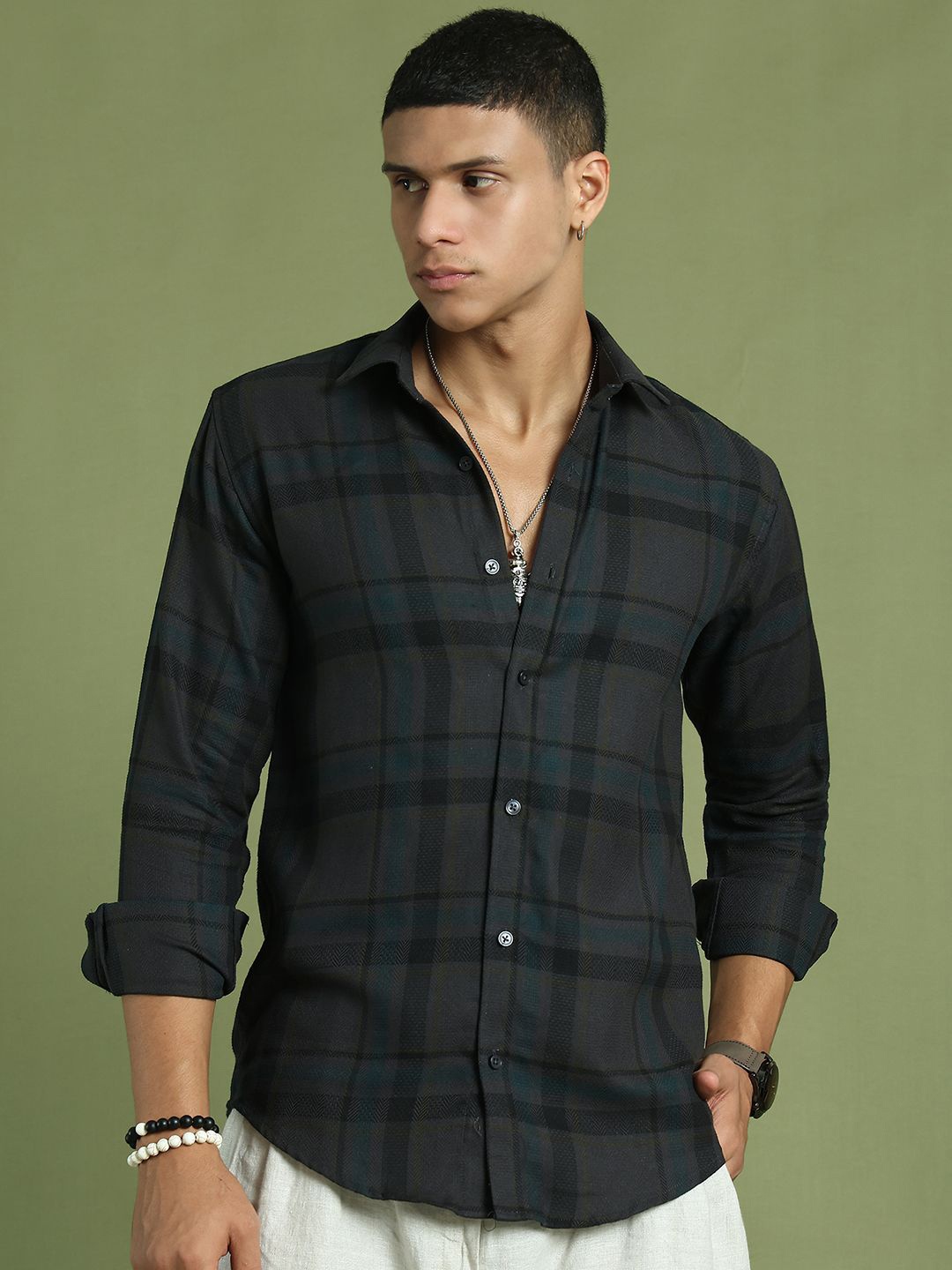 

Indian Needle Men Classic Windowpane Checks Opaque Checked Casual Shirt, Charcoal