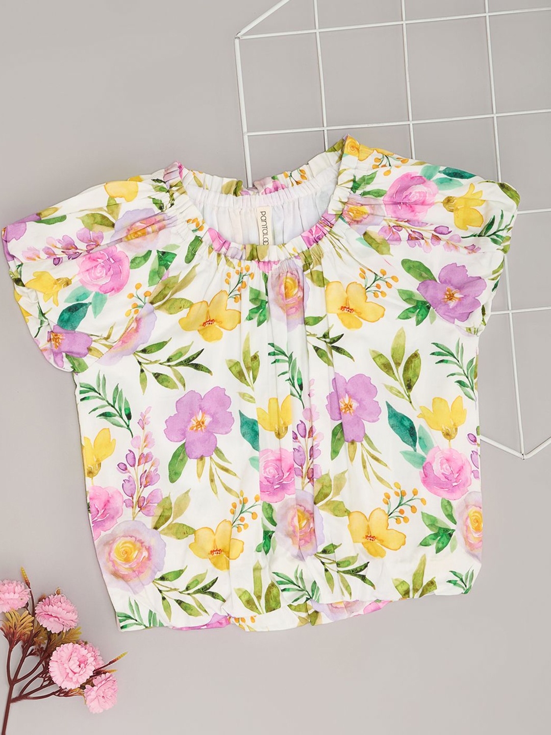 

Pantaloons Junior Floral Print Puff Sleeve Cotton Top, Off white