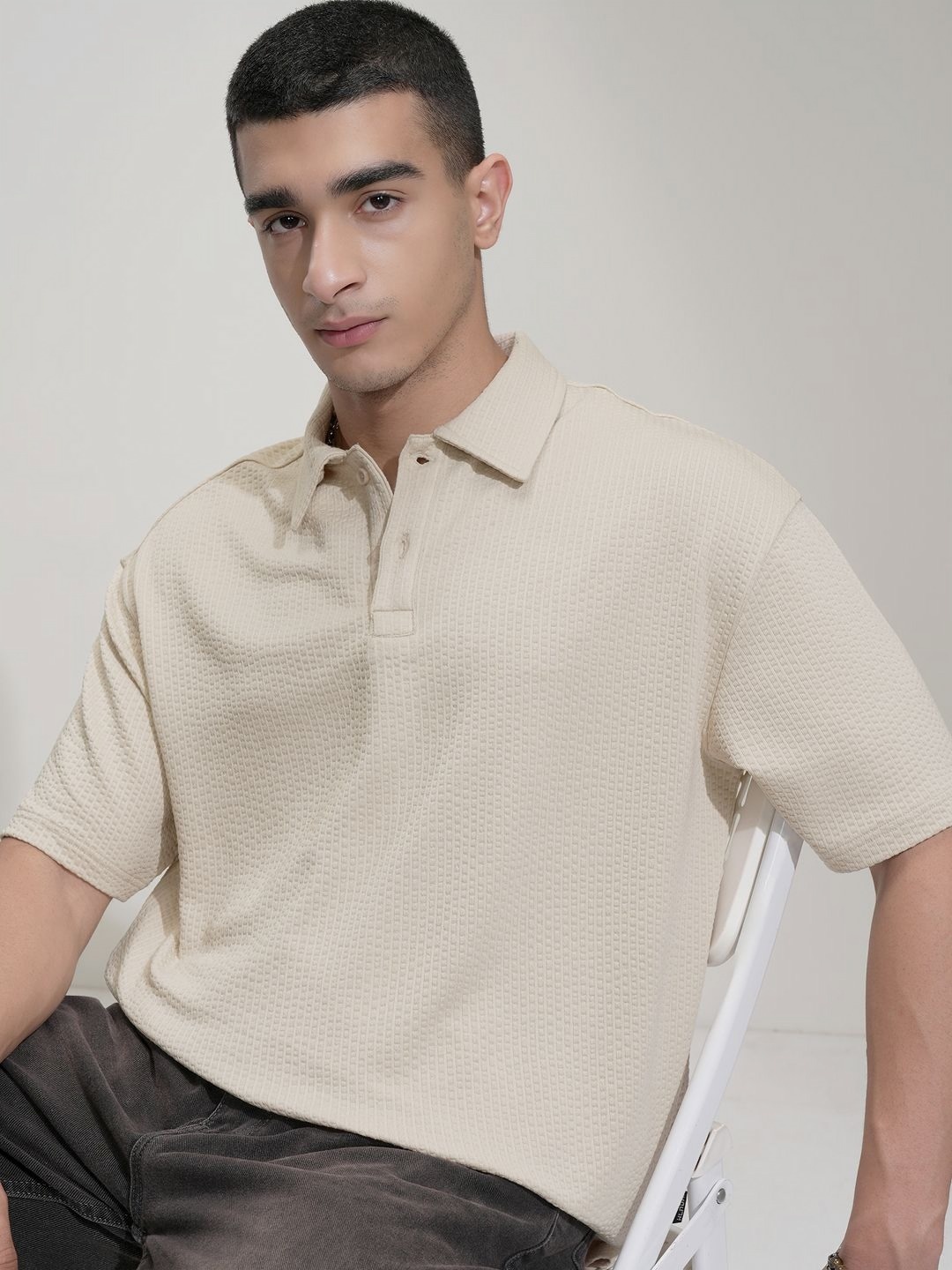

HIGHLANDER Men Polo Collar Drop-Shoulder Sleeves T-shirt, Cream