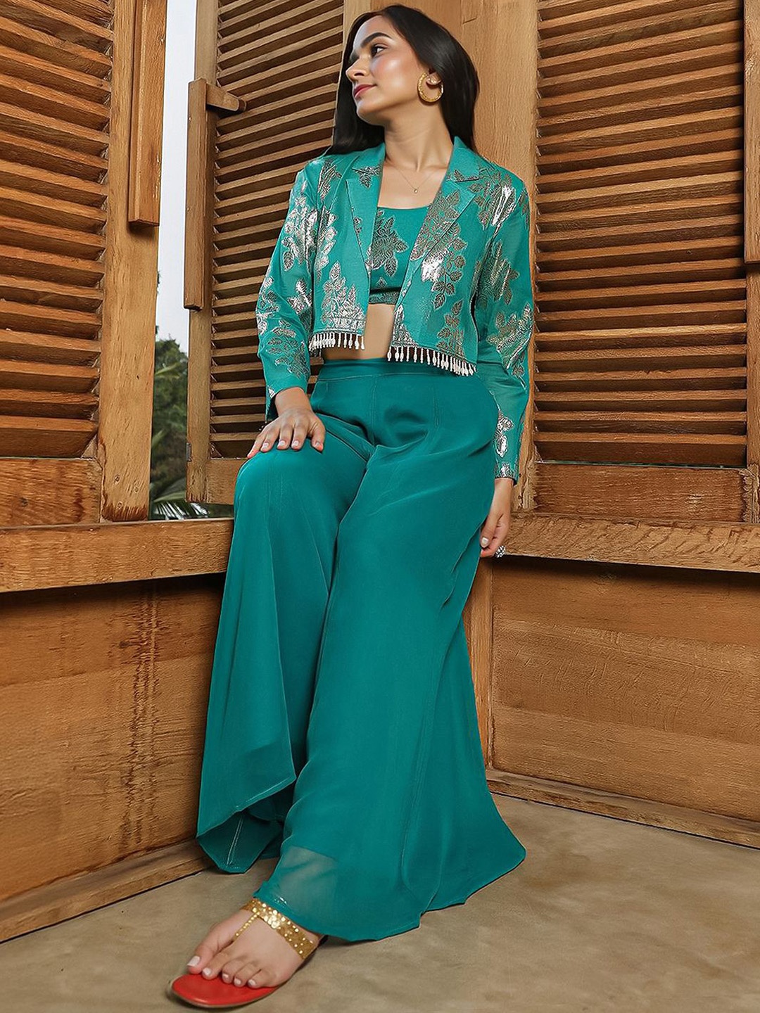 

QISSA Floral Printed Square Neck Top Jacket With Palazzos Co-Ords Set, Green