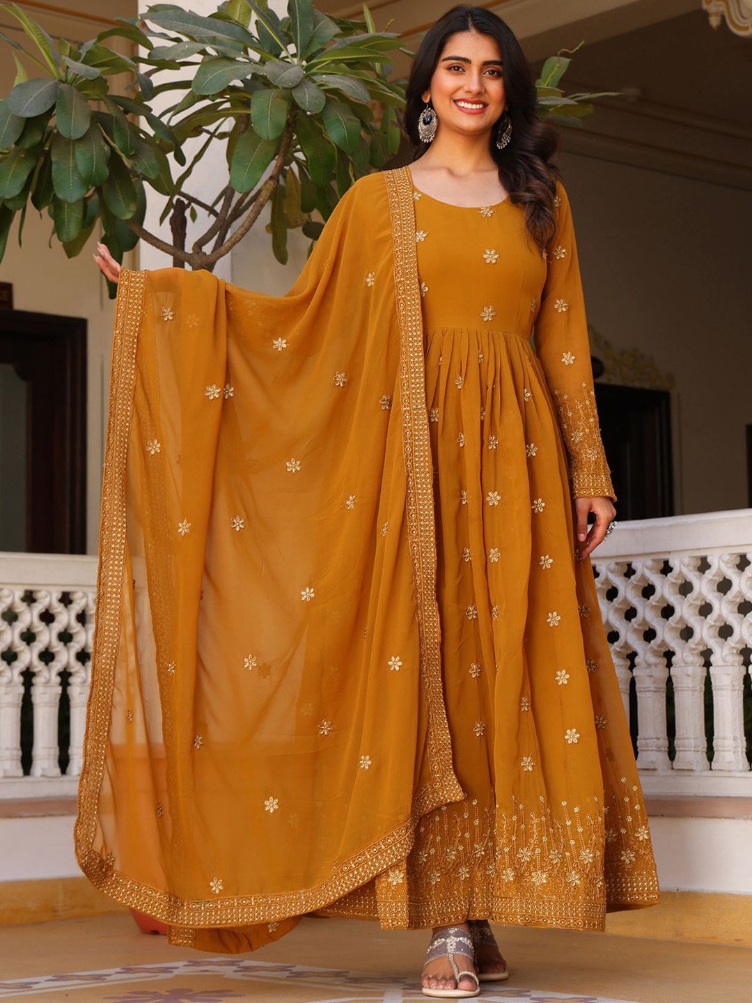 

KALINI Floral Embroidered Round Neck Zari Anarkali Kurta With Trousers & Dupatta, Yellow