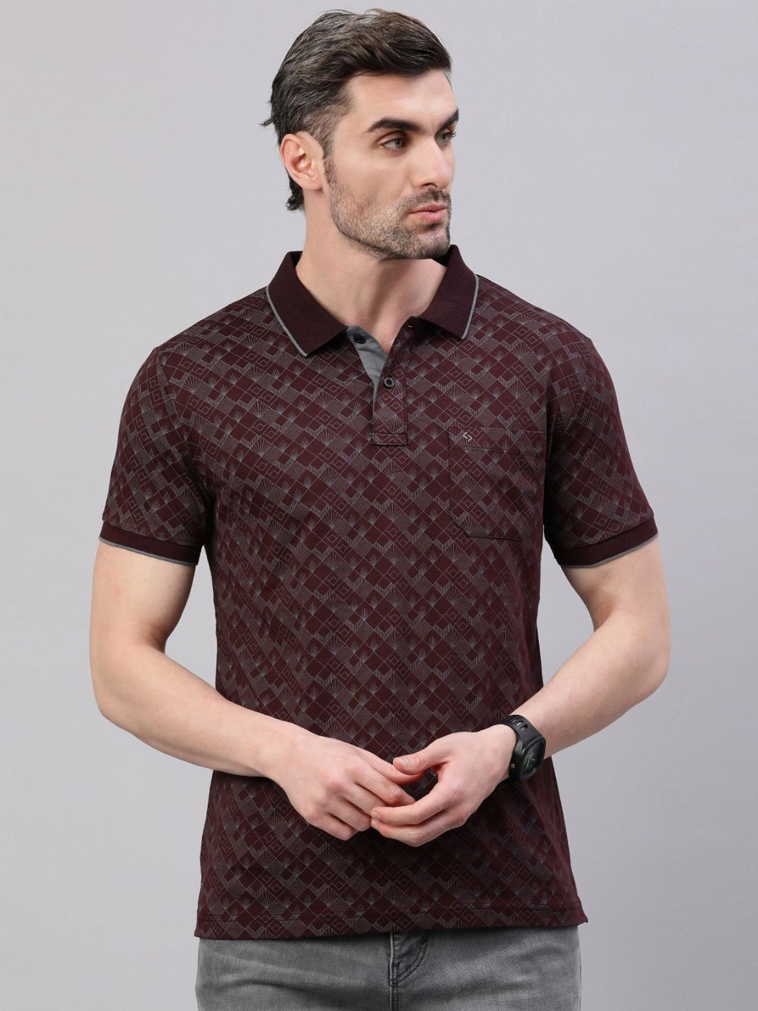 

Classic Polo Men Printed Polo Collar Pockets Slim Fit T-shirt, Burgundy