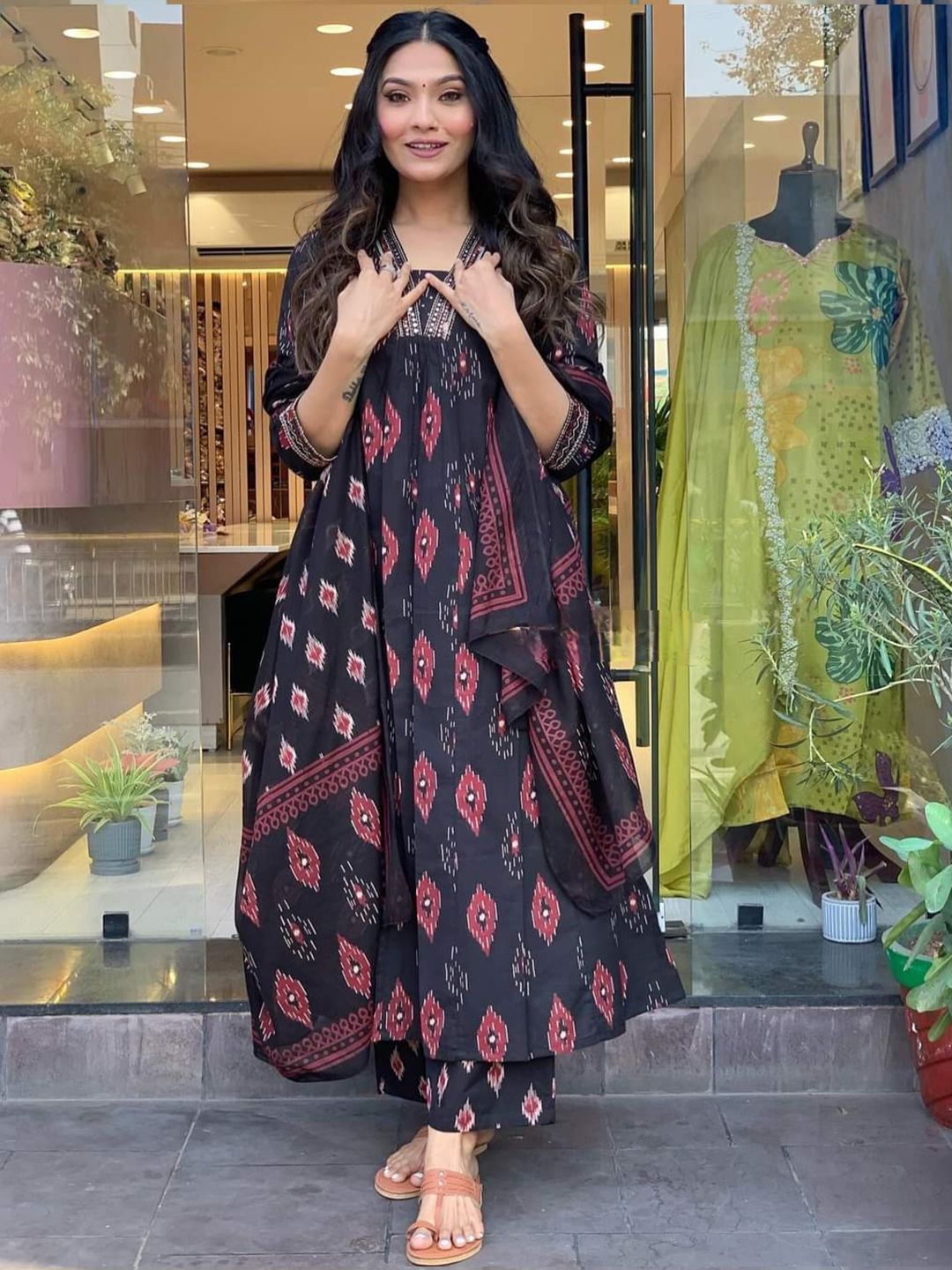 

KALINI V-Neck Thread Work Cotton Ethnic Motifs Anarkali Kurti Pant & Dupatta, Black