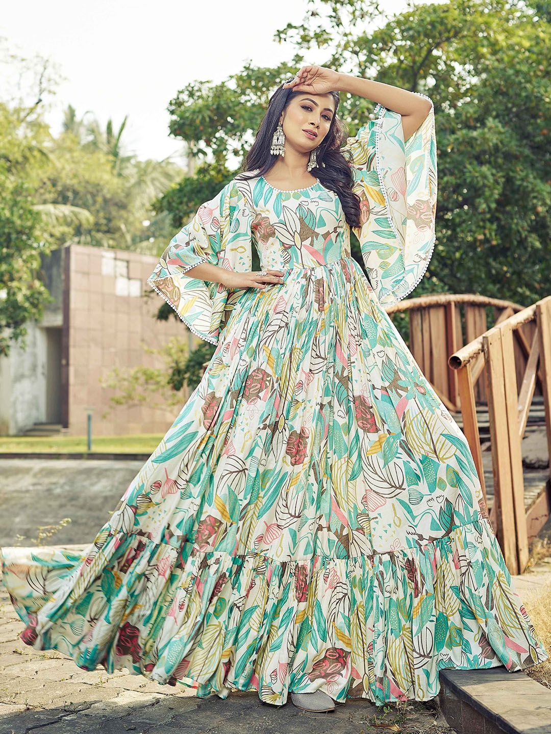 

Chandbaali Printed Cotton Fit & Flare Maxi Gown Dress, Off white