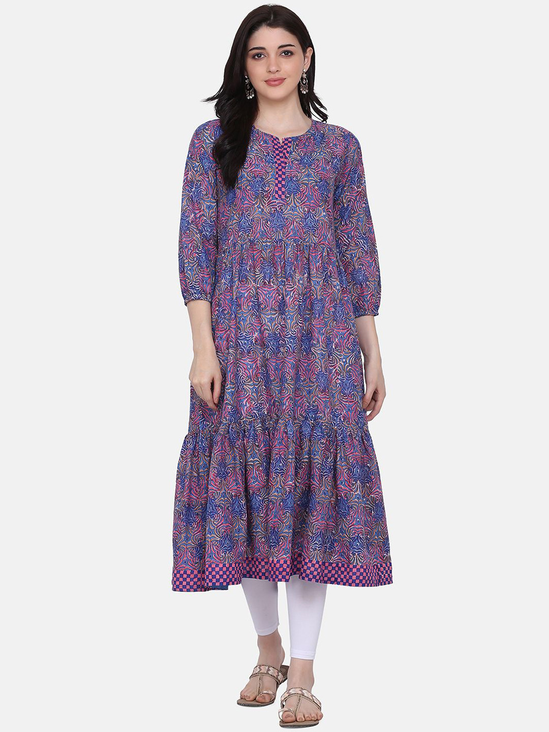 

DIVASTRI Floral Printed Cotton A Line Kurta, Blue