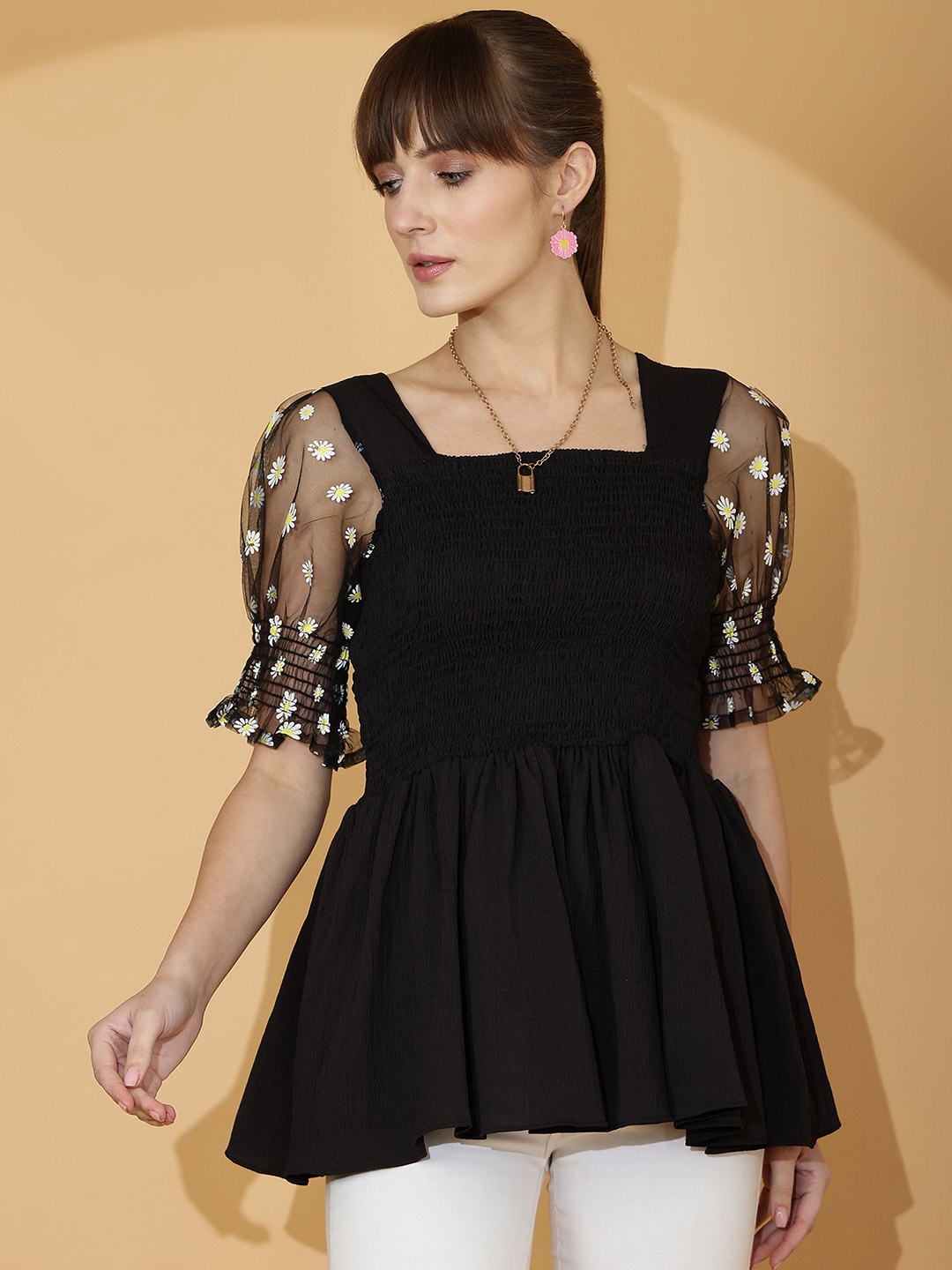 

De La Moda Puff Sleeve Crepe Top, Black