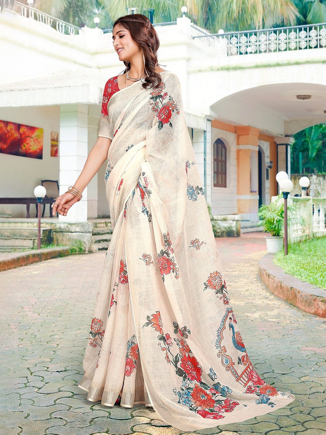 

Iris Floral Pure Cotton Saree, Beige