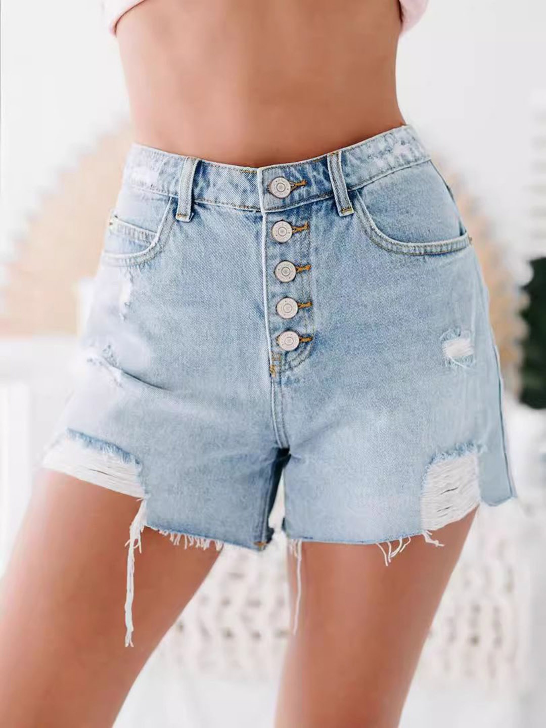 

bebe Women Distressed Slim Fit Denim Shorts, Blue