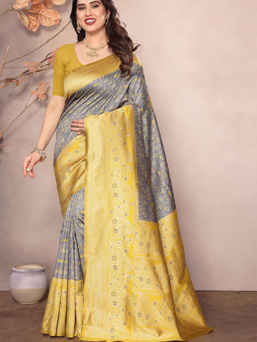 

KALINI Woven Design Zari Banarasi Saree, Grey