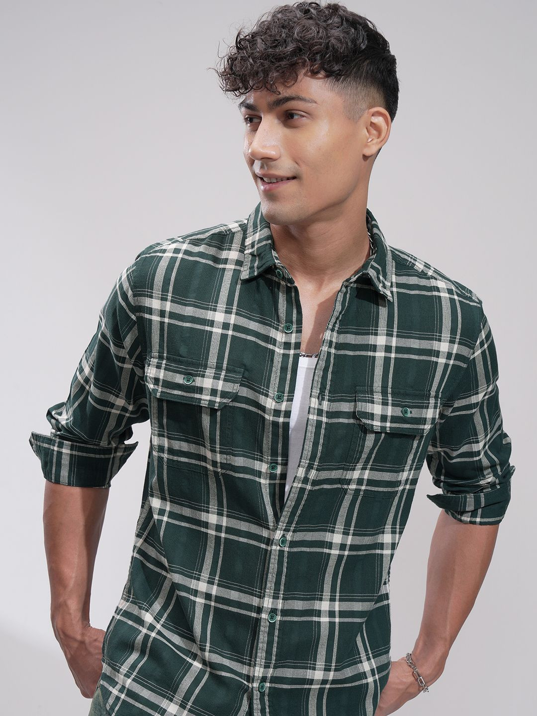 

HIGHLANDER Men Comfort Slim Fit Opaque Checked Casual Shirt, Green