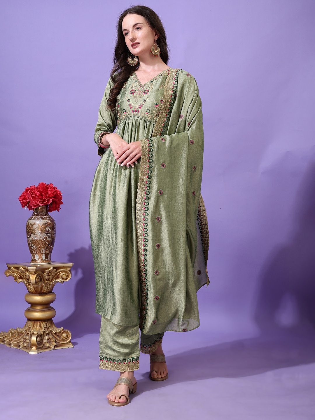 

KALINI Floral Embroidered V-Neck Empire A-Line Kurta With Palazzos & Dupatta, Green