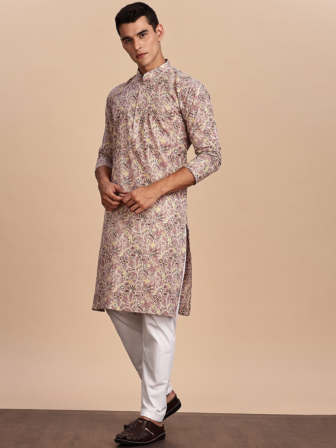 

Anouk Floral Printed Band Collar Straight Cotton Kurta, Pink