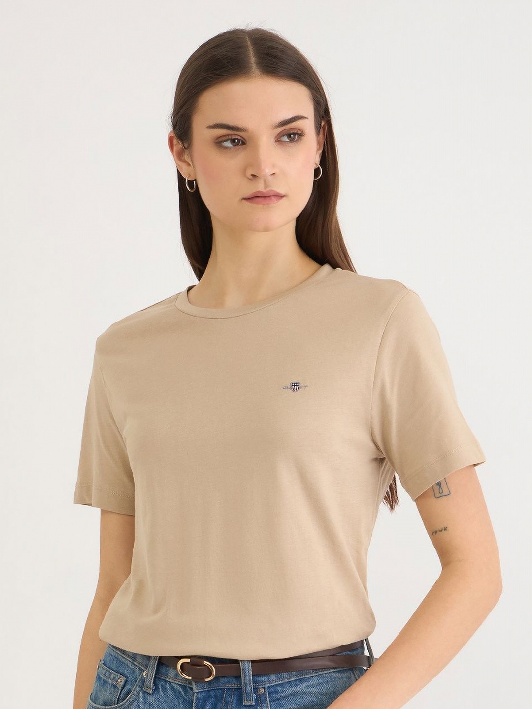 

GANT Women Pure Cotton Round Neck T-shirt, Beige