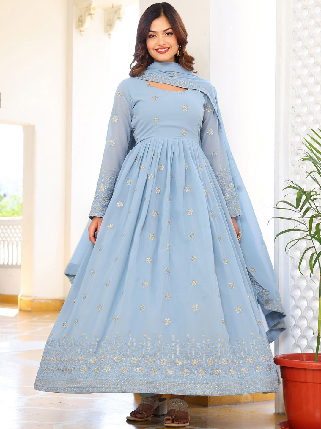 

KALINI Floral Embroidered Pleated Georgette Anarkali Kurta With Pyjamas & Dupatta, Blue